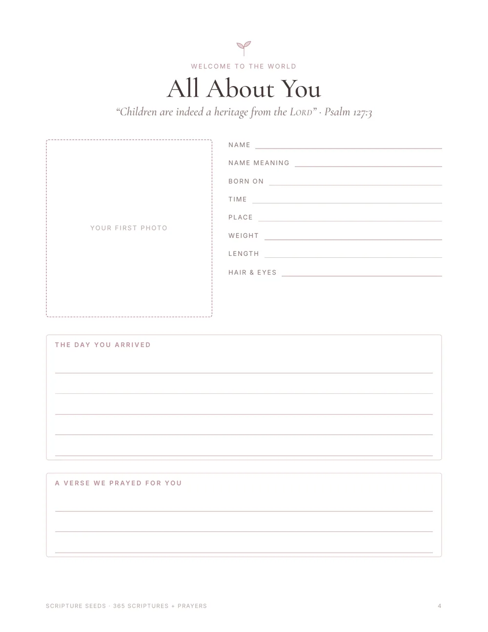 All About You page from the Scripture Seeds journal, with spaces for a baby's details