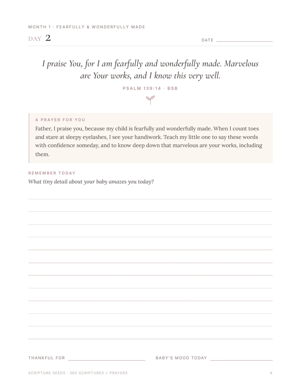 A daily journal page from Scripture Seeds with a Berean Standard Bible verse and a prayer