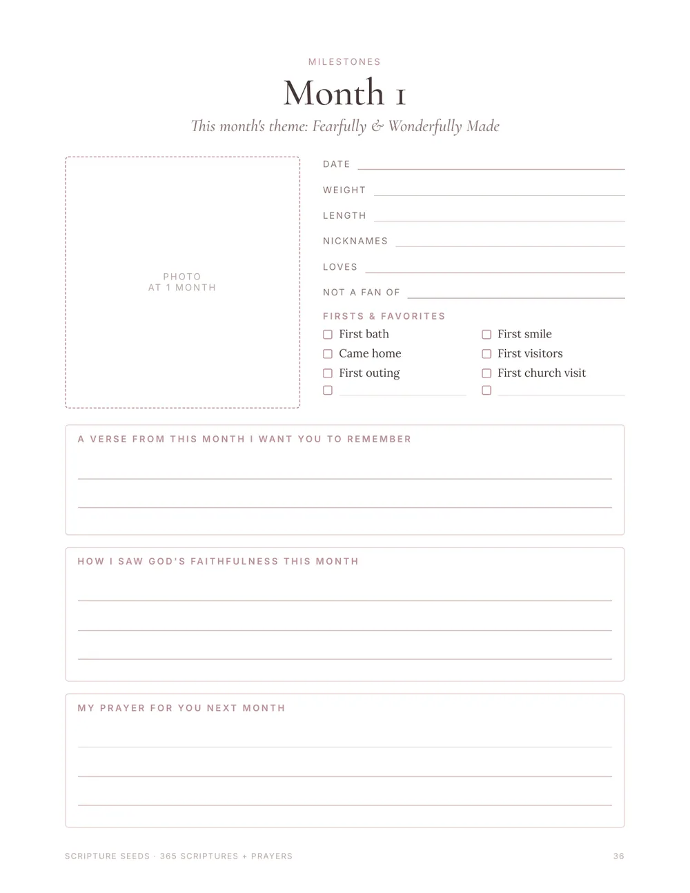 Monthly milestones page from the Scripture Seeds journal for a baby's first year